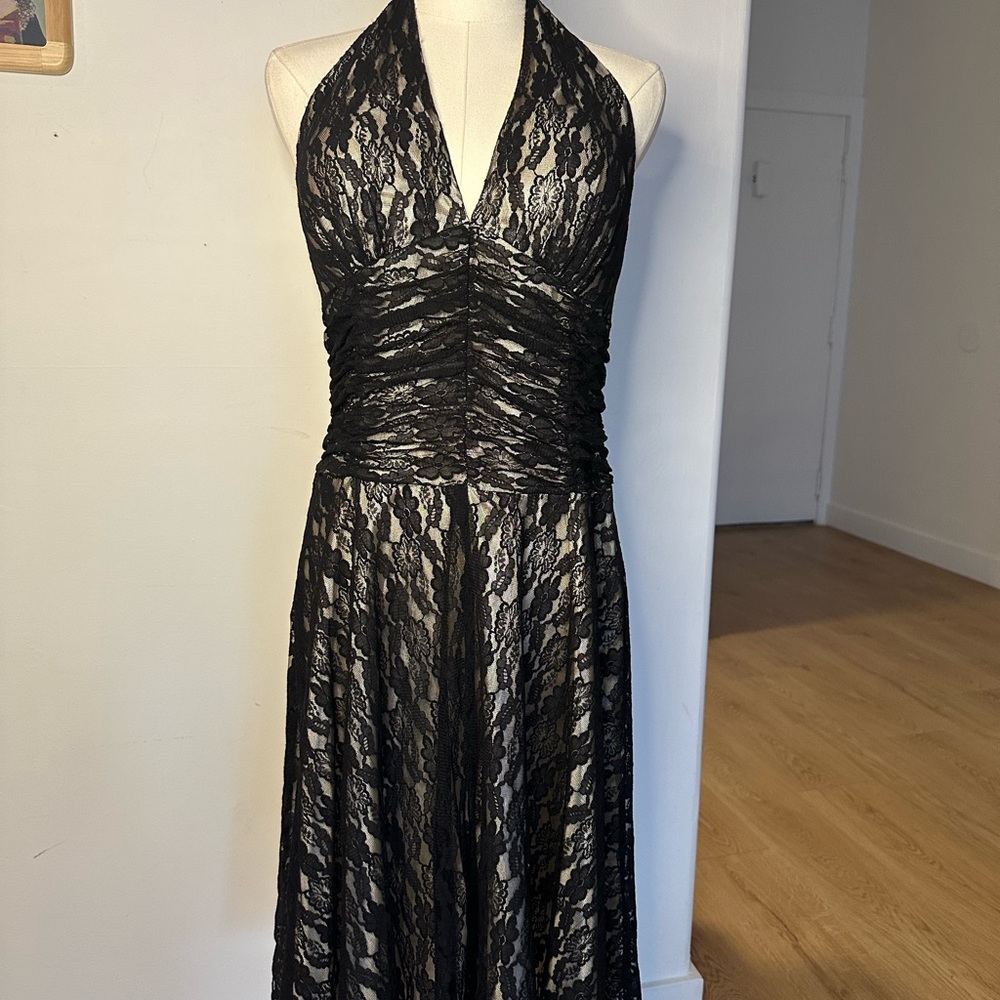 Black Tan Sleeveless Halter Gown